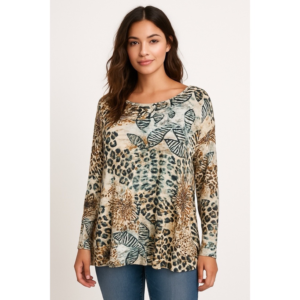 OneWorld Blouse Women's XL Multicolor Animal‎ Print Boho Long Sleeve Stretch Top